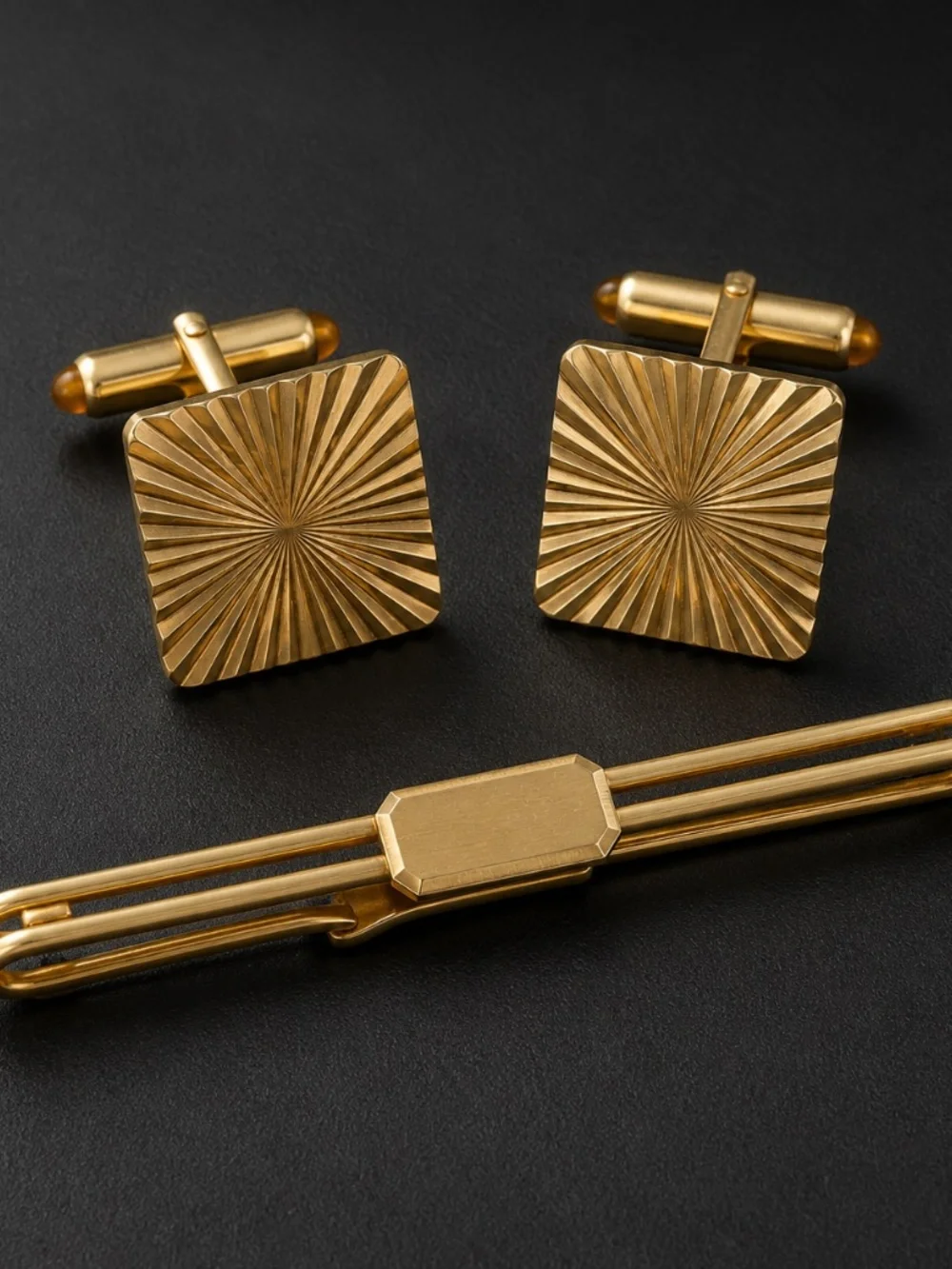 Vintage Krementz Gold Tone Sunburst Cufflinks&Tie Bar Set Mid Century